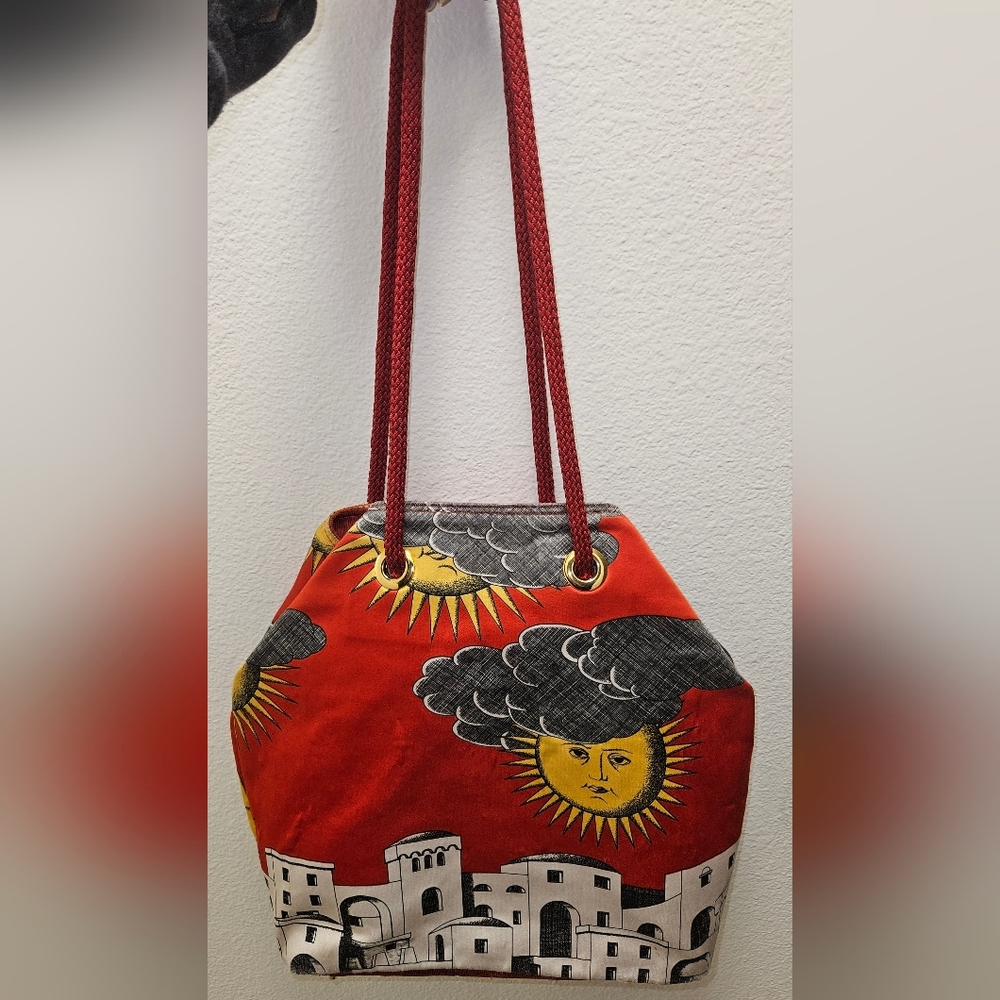 VINTAGE FORNASETTI MADE IN ITALY MILANO ARTSY COLORFUL SUN LANDSCAPE PURSE BAG - Picture 4 of 16